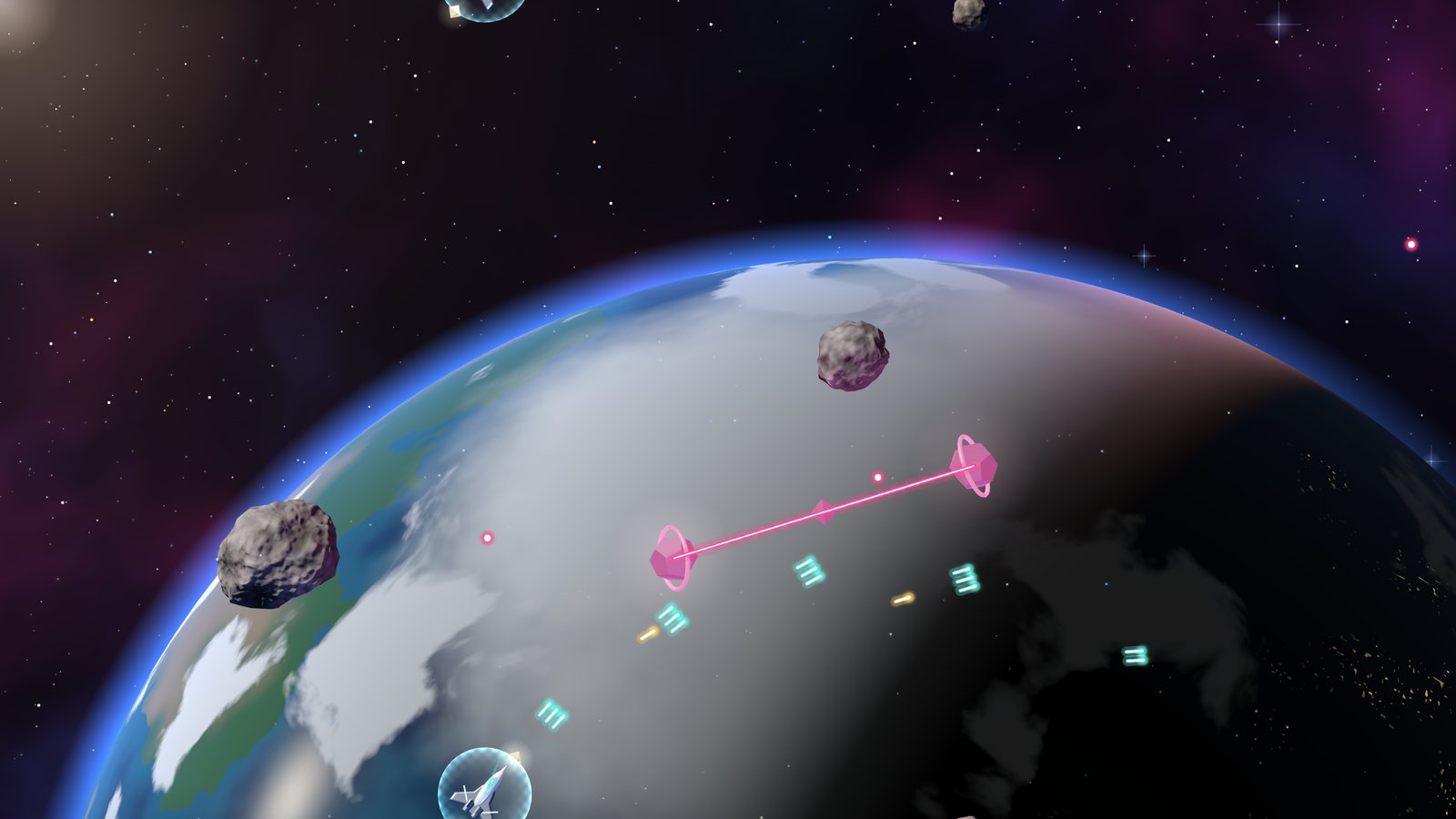 The Bolas boss: two armoured pods joined by a bright beam, sweeping across the field high above the Earth.