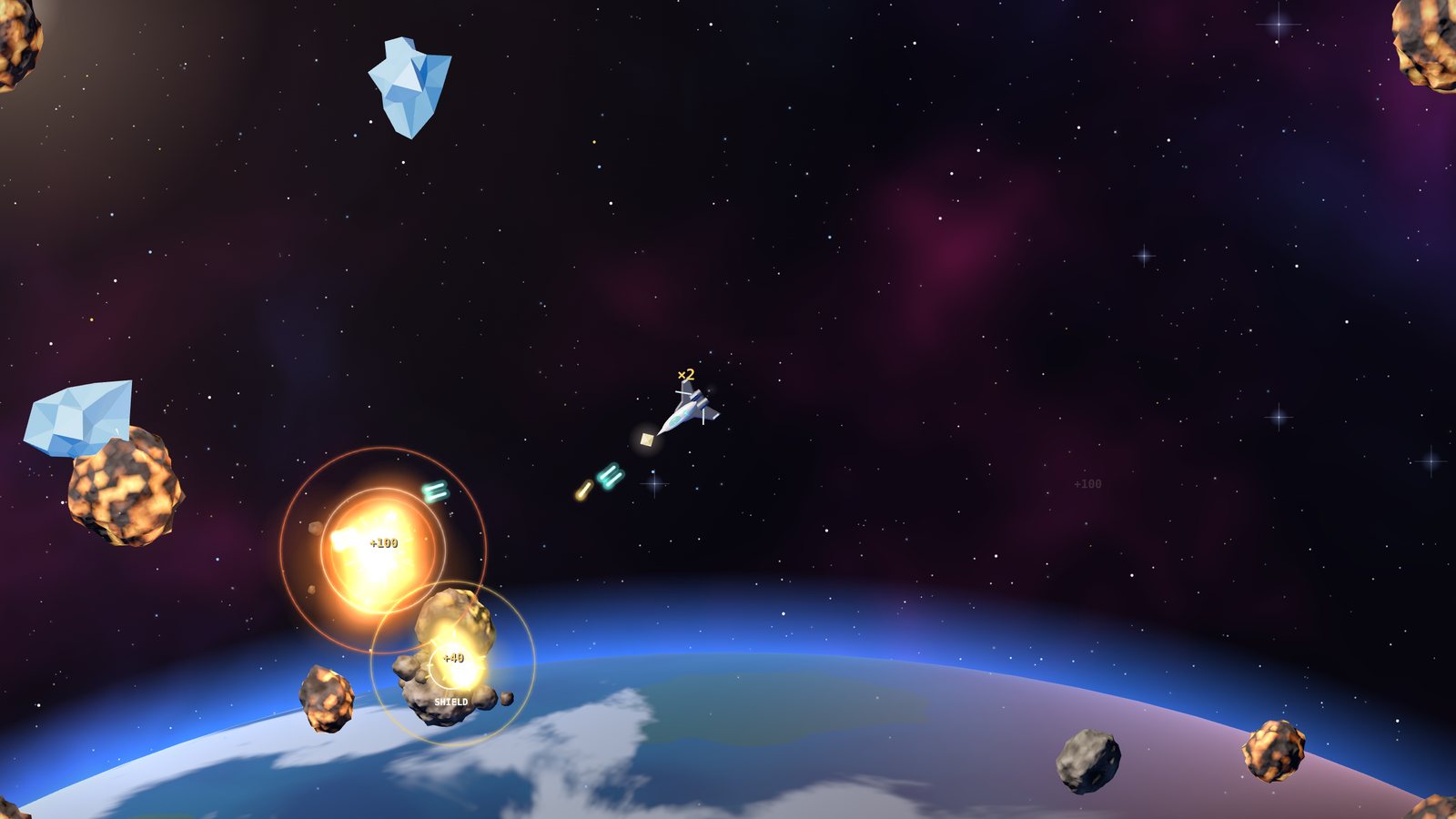 A volatile rock detonating beside the ship, with gold ore and ice debris drifting above the Earth's limb.