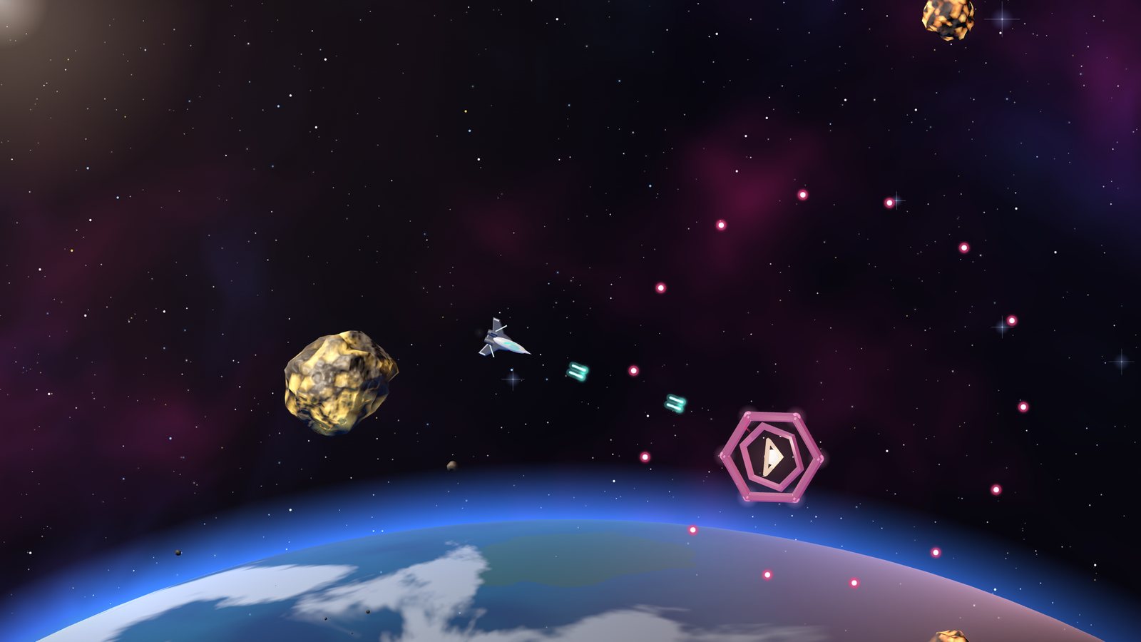 The ship firing on the Warden, a ringed machine throwing out a circle of pink rounds.